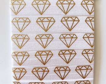 White & Gold Diamond FOE - 5/8 Fold Over Elastic - Diamond Foldover Elastic - Bulk Elastic by the yard - Wholesale Elastic Ribbon