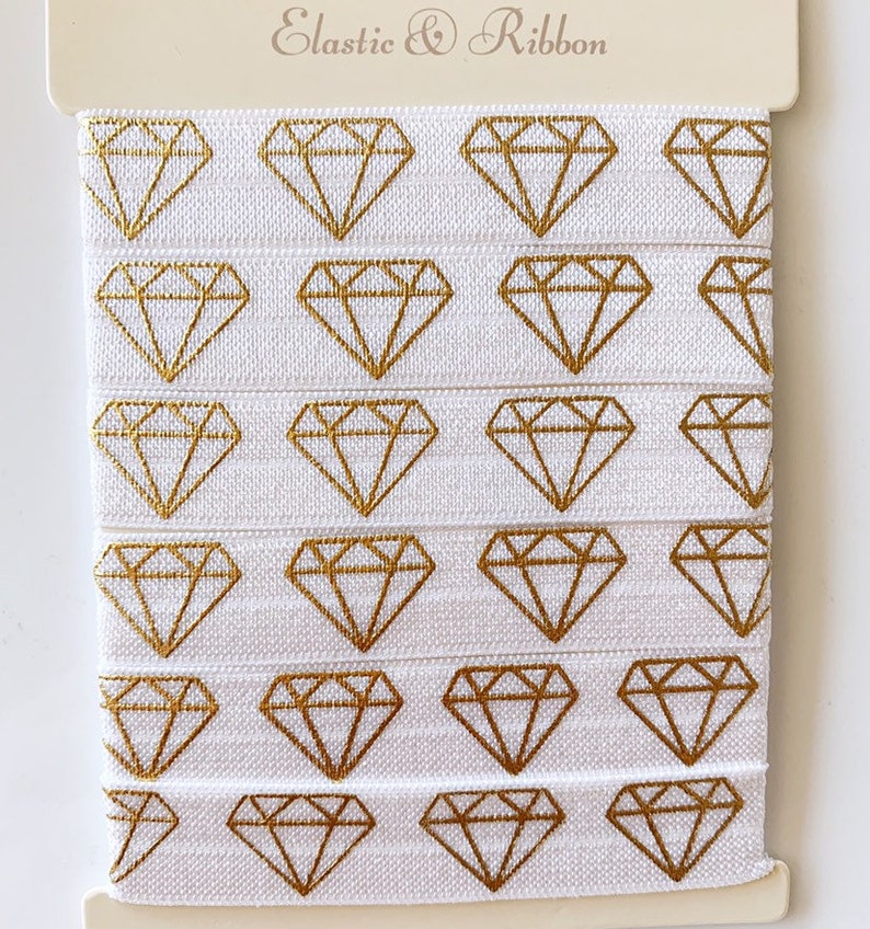 White /& Gold Diamond FOE Bulk Elastic by the yard Wholesale Elastic Ribbon 58 Fold Over Elastic Diamond Foldover Elastic