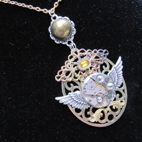 Steampunk Necklace, Steampunk Jewelry, Jeweled Watch Part,  Clockworks, Woman, timepiece, Watch Parts, Neo Victorian, Gift ideas
