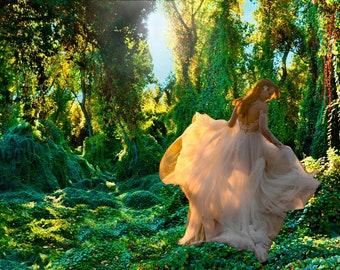 Dancing Bride in Lush Forest, Gallery Quality Photo Art Print, Forest Bride Art, Happy Nature Bride Sunrise Art Print, Choose the Print size