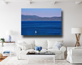 Lake Tahoe Blue View, Sailboat in the Tahoe Blue Water, White Sails Sailboat Lake Tahoe Photo Print, Serene Lake Art, Choose your print size