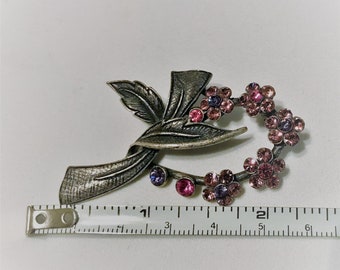 Vintage Pink and Lavender Tourmaline Crystal flowers on titanium silver leaf design Pin/Brooch, Perfect Gift for Mother's Day, 2 x 1 inches