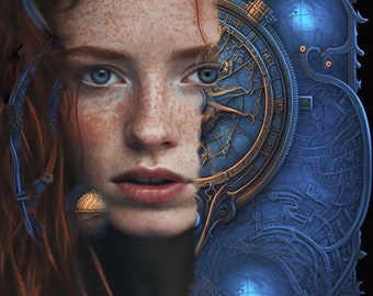 Steampunk Fierce Female Eyes Photo Art Print, Time Traveling Beauty, Sci-Fi Traveler Art Print, Surreal art, Gallery Quality Art Photo Print