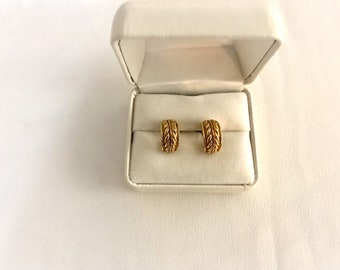 Huggie Hoop earrings, 14K gold over 925 silver, Braided design, Expertly Crafted, Marked H. N. C, Estate Sale Find, 1970s, new plastic backs