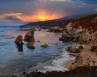 Big Sur Sunset Photo: Golden California Coastline (Digital Download)