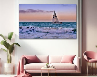 Dreamy Sailboat Sunset Santa Cruz, CA Famous Chardonnay Sailboat, Ocean Whitecap Waves, Ocean Photography, Nautical Art, 16 x 24 Print