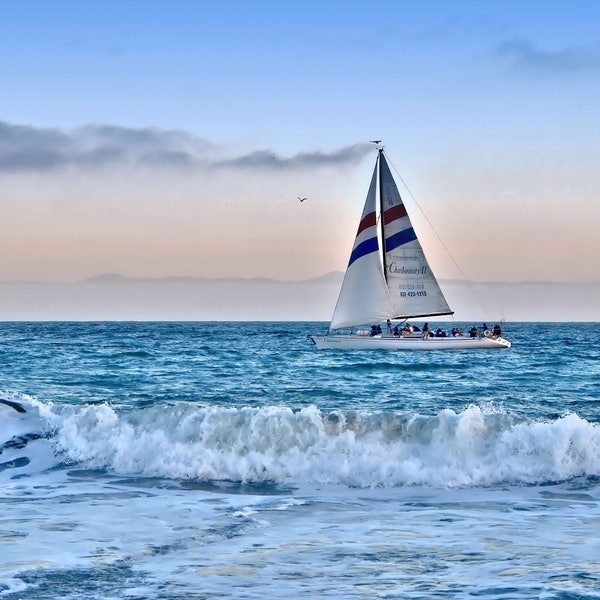 Color Photo of the Chardonnay Sailboat on the Pacific Ocean Waves in Santa Cruz, CA, Nautical Photography Wall Art, 11 x 14 Forever Print