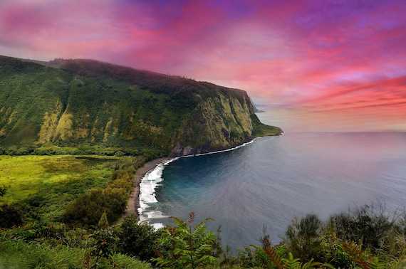 Waipio Valley Sunset Print, Big Island Hawaii, Black Sand Beach