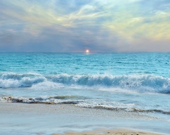 Hawaii Summer Pastel Sunset, Big Island Hawaii Sunset Photo Art Print, Waves in the Blue Ocean Water, Hawaii Wall Art, Choose Print size