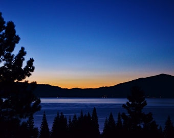 Lake Tahoe Sunrise Photo Print, Blue Pine Silhouette Art