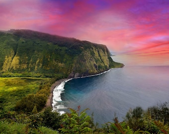 Sunset Sky in Vibrant Colors Hawaii Waipio Wall decor, Black Sand Beach, Waipio Valley Lookout, Big Island, Hawaii, Choose your print size