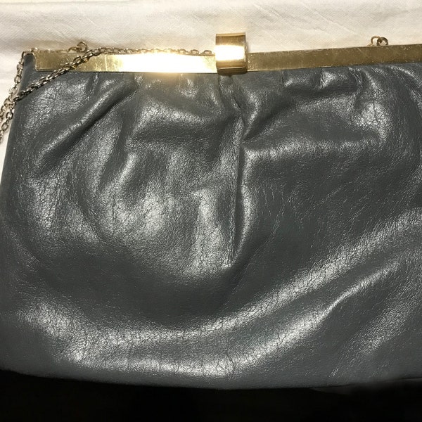 SALE! Vintage Dark Grey Leather clutch bag, gold chain strap. 1960's black satin lining, hinge snap opening, gold trim, Excellent condition
