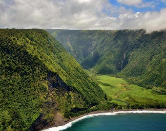 Waterfall Valley Kona Hawaii, Big Island, Lush Rain Forest, Aerial View, Black Sand Beaches, Gallery Quality Photo Print, choose your size