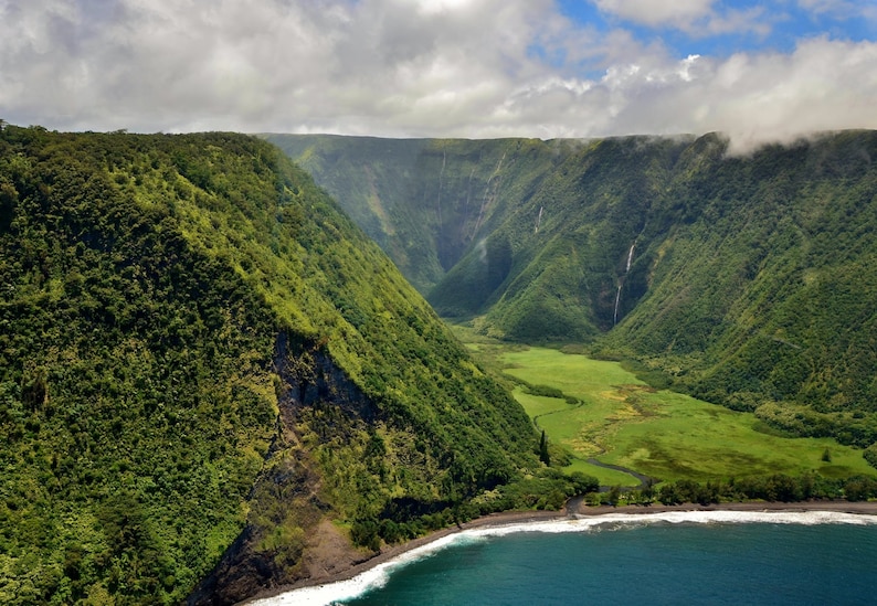 Sale Waterfall Waipio Valley, Big Island, Hawaii, Aerial View of the Black Sand Beaches, Travel