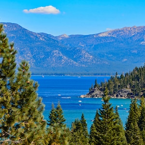 Lake Tahoe, Meeks Bay, Gallery Quality Photo Art Print, Serene Blue Lake, Sierra Mountains, Fir Trees, Blue sky, Choose your art print size