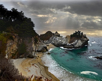 Big Sur Sunset Photo Print, McWay Falls, Julia Pfeiffer Beach, Dramatic Big Sur Wall Decor, California Coastline Art, Gallery Quality Photo