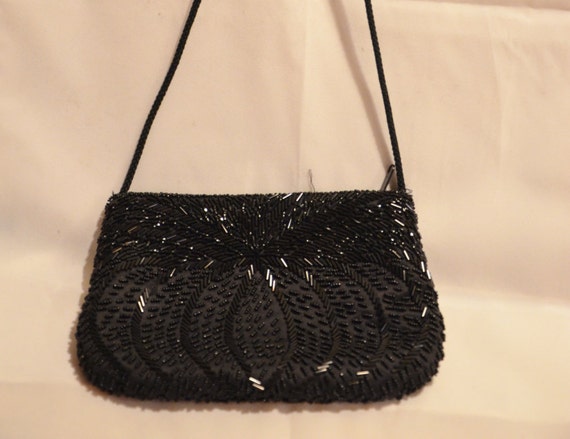 Vintage Jet Black Beaded bag 1980's. Lovely black… - image 3