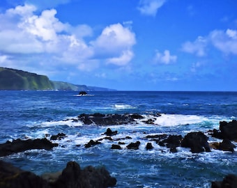 Dreamy Hana Bay Black Sand Beach, Maui, Blue sea, whitecap Waves, High Resolution Photo can be printed small or large size, Instant Download