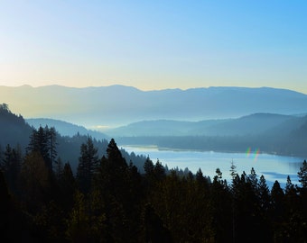 Misty Morning Sunrise Wall Decor, Donner Lake Sunrise, Turquoise Sierra Mountains, Rainbow on Lake, Turquoise Misty Lake Art, Choose size