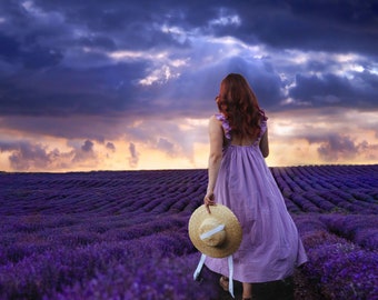 Lavender Fields Forever Stormy Sunset, Vibrant Purple Lavender, Girl walks in the field, Gallery Quality Photo Print, Choose your print size