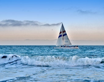 Dreamy Sunset Sail, Santa Cruz, CA, Sailboat, Ocean Whitecap Waves, Photography Fine Art, Ocean Photography, 8 x 10 Print