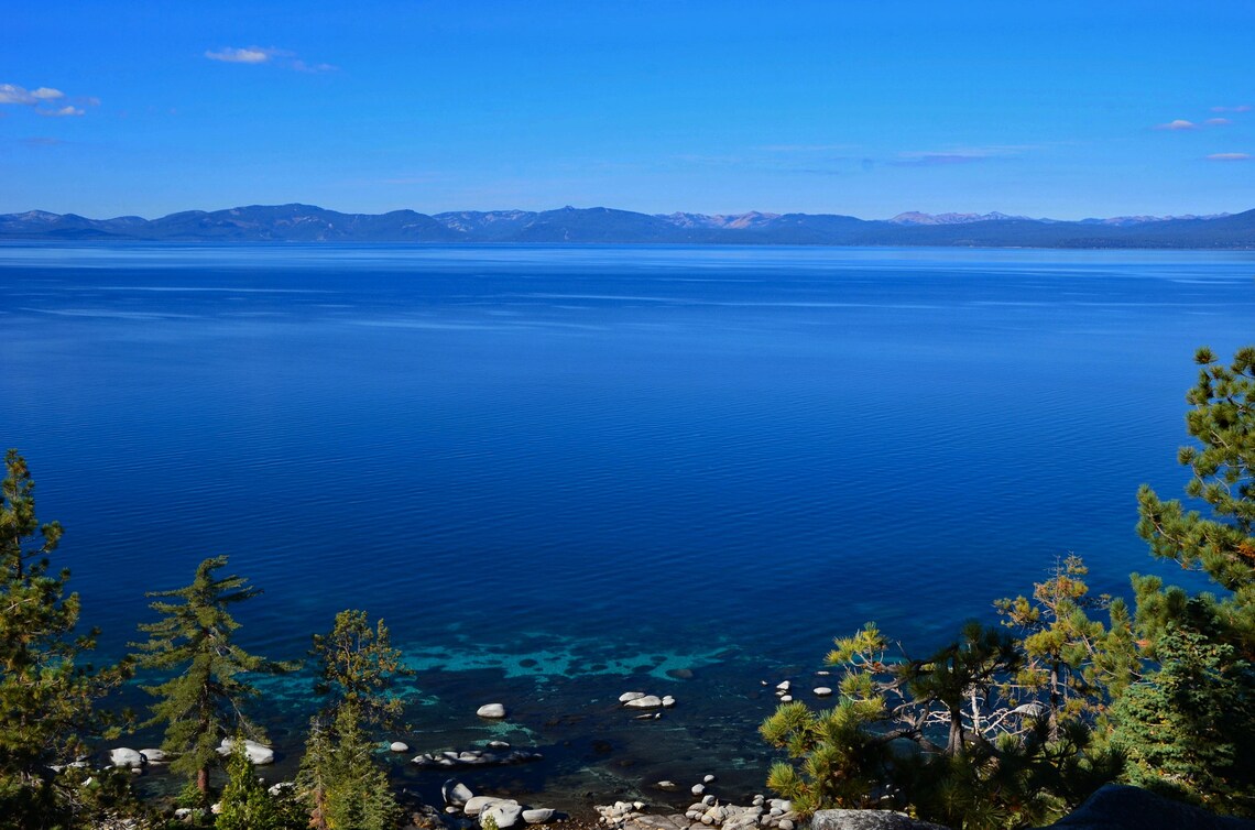 Sand Harbor Lake Tahoe Blue View From Nevada Side to California Side, Turquoise Lake, Sierras