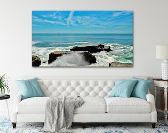 Ocean Photography, Dreamy Ocean Wall Art, High Surf at Natural Bridges Beach, Sailboat on Horizon, Santa Cruz, CA,  Choose your Print size