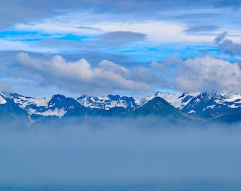 Alaska Inside Passage Minimalist Photo Print, Abstract Photo Art, Blue Ocean, Mountains, Snow, Clouds, Sky Print, Choose your size print