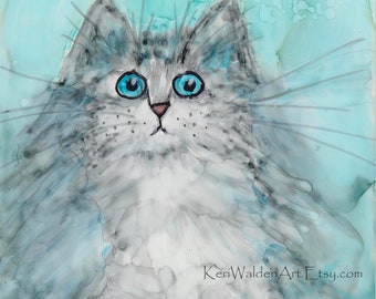 Alcohol Ink Art, Soft Fluffy Kitten Art Print, Print of my Original Alcohol Ink Painting, Long Haired Cat Art. Cat Mom Gift, Cat Lovers, Art