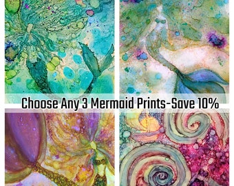 Alcohol Ink Art, Choose Any Three 5x7 or 8x10 Mermaid Prints from My Shop, Save 10%, Discount Art Bundle, Fantasy Mermaid Art Prints, Art