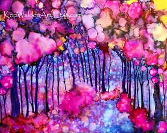 Alcohol Ink Art, Pink Enchanted Forest Print, Alcohol Ink Trees, Fluid Art, Alcohol Ink Painting, Pink Art, Fantasy Landscape, Trees, Art