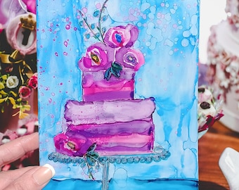 Original Alcohol Ink Painting on Yupo, Fantasy Cake with Flowers, Food Artwork, Dessert, Cake on a Platter, 5x7 Painting-Not a Print, Decor