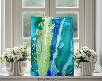 Abstract Original Alcohol Ink Painting on Yupo Paper, Green, Blue, Gold, 5x7 Painting-Not a Print, Abstract Wall Art, Home Decor