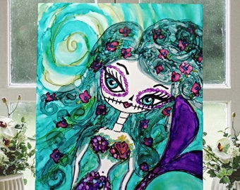 Original Alcohol Ink Painting on Yupo, Day of the Dead, Creepy Cute, Monster Mermaid, Dia de los Muertos Artwork, 5x7 Painting-Not a Print