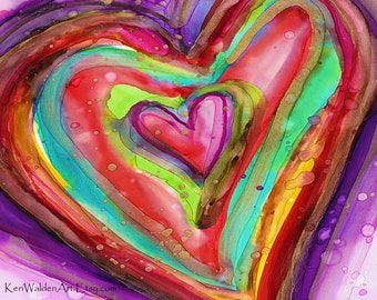 Alcohol Ink Art, Abstract Heart Print, Art Print of Original Alcohol Ink Painting, Rainbow Heart, Home Decor, Wall Art, Heart Artwork, Art