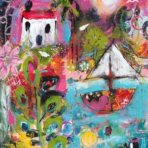 Abstract Sailboat Giclee Print: Tropical Island Coastal Art