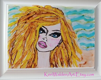 Beach Bombshell Alcohol Ink Painting, Glamorous Woman at the Beach, Original Alcohol Ink on Yupo Paper, 5x7 Painting-Not a Print, Glam Girl