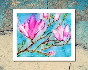 Alcohol Ink Art, Magnolia Art Print, Flowering Branch, Print from Original Alcohol Ink Painting on Yupo, Abstract Art, Floral Decor, Art
