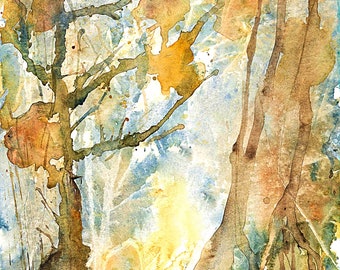 Abstract Fall Watercolor Landscape Giclee Print, Autumn Woods, Print from Watercolor Painting, Home Decor, Wall Art, Trees. Art