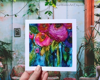 Fantasy Bouquet Art Print, Alcohol Ink Art, Print of my Original Alcohol Ink Painting, Square Art, Vase of Flowers, Home Decor, Wall Art