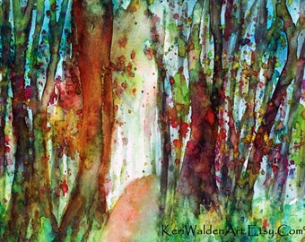 Watercolor Landscape Art Print, Forest Path, Print from Original Watercolor Tree Painting, Fantasy Art, Woodland Decor, Woods, Wall Art