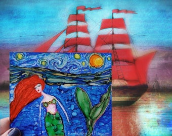 Original Alcohol Ink Painting, Starry Night Inspired Mermaid Painting, Yupo Paper, Fantasy Art, Mermaid Decor, Gift for Mermaid Lover, Art
