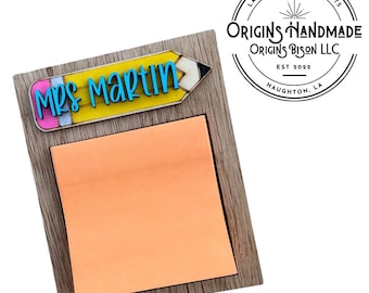 Personalized Teacher Post-it Note Holder – Custom Name Desk Accessory – Handmade Laser Cut Wood – Back to School or Appreciation Gift