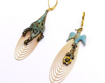 Gold metal, patinated brass and rhinestone earrings