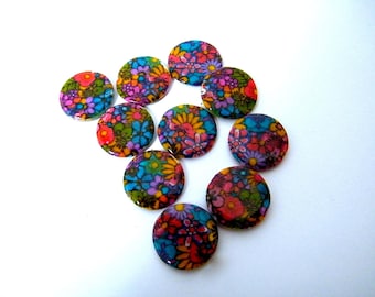 Perles naturelles, perles nacre, circulaires, plates, multicolores, fleurs, diamètre 20 mm, par lots de 5