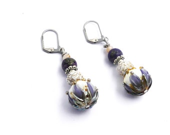 Boucles d'oreilles perles verre lampwork, pierre naturelle, acier inoxydable