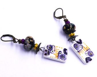 Rustikale Ohrringe, Ohrringe aus Keramik und Glas, Geschenk für Frauen