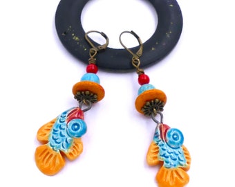 Handmade ceramic earrings, howlite washers, natural stone, bamboo coral, bronze metal, handmade, unique creation