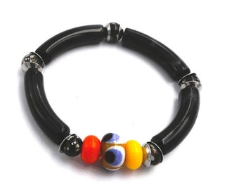 Elastic bracelet, trendy bracelet, resin tube beads, colorful artisanal spun glass beads, women's gift