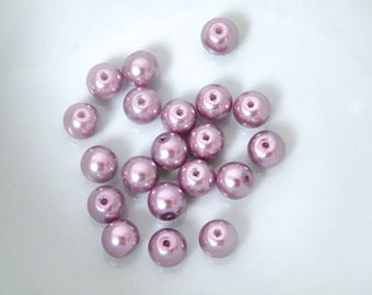 Round glass beads, pearlescent, 8 mm in diameter, lilac colour, lots of 10